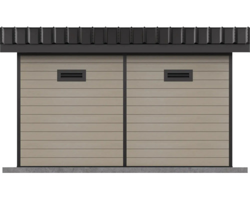 Moderne Gartenhaus Wandansicht mit horizontaler Holzverkleidung und Lüftungsschlitzen