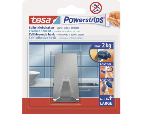 Tesa Powerstrips selbstklebender Edelstahlhaken für bis zu 2 Kilogramm Tragkraft inklusive 4 Klebestreifen zur spurlosen Montage