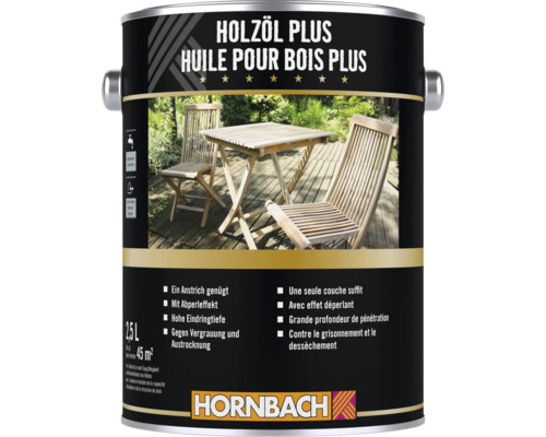 Bidon d huile pour bois Plus Hornbach pour extérieur, 2,5 litres, protection pour meubles de jardin en bois avec effet déperlant.