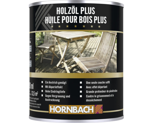 Pot d'huile pour bois Plus Hornbach pour meubles de jardin en bois avec logo Hornbach.
