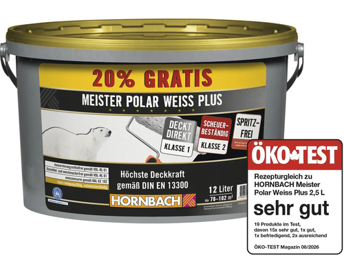 Meister Polar Weiss Plus Wandfarbe im 12 Liter Eimer von Hornbach inklusive Oekotest Siegel fuer sehr gute Produktqualitaet.