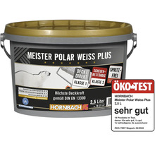 Eimer Meister Polar Weiss Plus Wandfarbe 2,5 Liter von Hornbach mit Oeko Test sehr gut Auszeichnung.