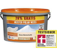 Eimer Meister Polar Weiss Innenfarbe 12 Liter mit Hornbach Logo und Stiftung Warentest Testsieger Auszeichnung.