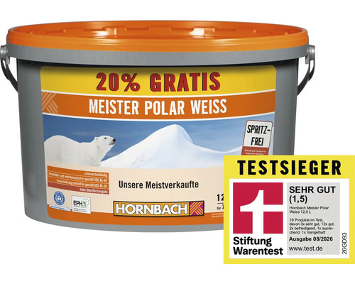 Seau de peinture intérieure Meister Polar Weiss 12 litres avec logo Hornbach et distinction Stiftung Warentest.