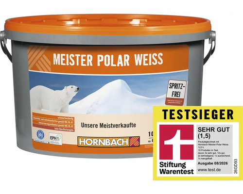 Seau de peinture murale Meister Polar Weiss, anti-goutte, sans solvant, pour usage intérieur, distingué comme vainqueur du test Stiftung Warentest.