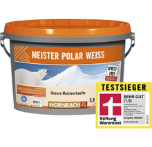 Hornbach Meister Polar Weiss Wandfarbe im Eimer mit Umweltzeichen Blauer Engel und Testergebnis der Stiftung Warentest sehr gut