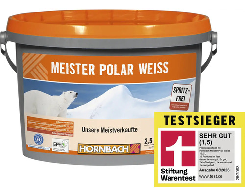 Peinture murale Hornbach Meister Polar Weiss dans un seau avec label environnemental Ange bleu et résultat de test très bon de Stiftung Warentest