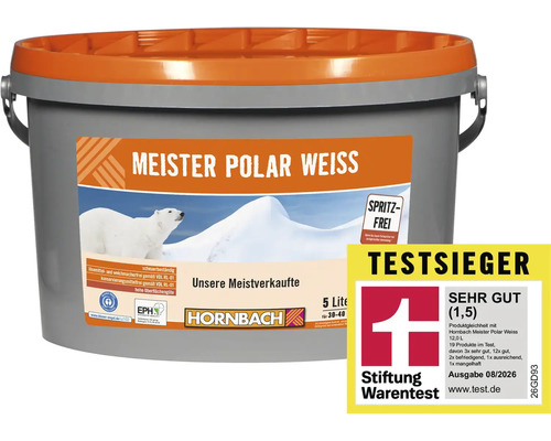 Peinture murale Hornbach Meister Polar Weiss dans un seau de 5 litres, élue produit gagnant avec la mention très bien par Stiftung Warentest.