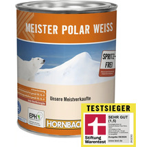 Ein Eimer Meister Polar Weiss Wandfarbe, spritzfrei, scheuerbeständig und ausgezeichnet von Stiftung Warentest als Testsieger.