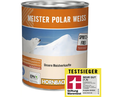 Un seau de peinture murale Meister Polar Weiss, anti-goutte, résistant au frottement et distingué par Stiftung Warentest comme gagnant du test.