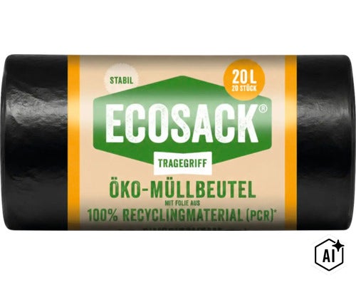 Rolle mit zwanzig Ecosack Öko Müllbeuteln mit einem Fassungsvermögen von zwanzig Litern und Tragegriff aus recyceltem Material (Image AI modified or generated)