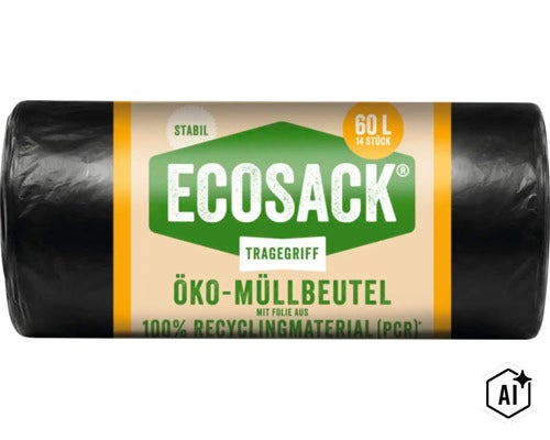 Rolle Ecosack Öko Müllbeutel mit Tragegriff 60 Liter 14 Stück aus 100 Prozent Recyclingmaterial (Image AI modified or generated)