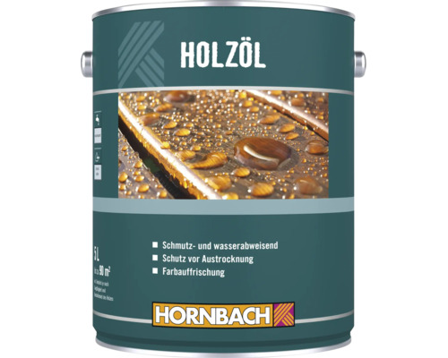 Eine 5 Liter Dose Hornbach Holzöl für schmutz- und wasserabweisenden Holzschutz zur Farbauffrischung im Außenbereich.