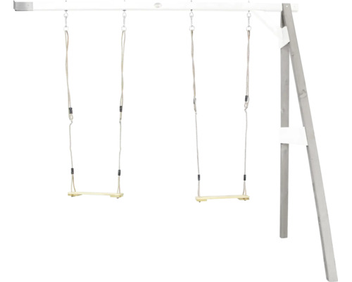Un portique de balançoire en bois pour le jardin avec deux sièges montés sur des cordes.