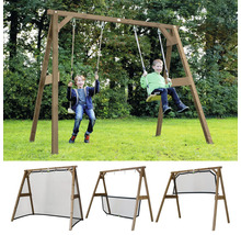 Balançoire de jardin en bois avec deux sièges et filet de jeu ou cage de football intégré.