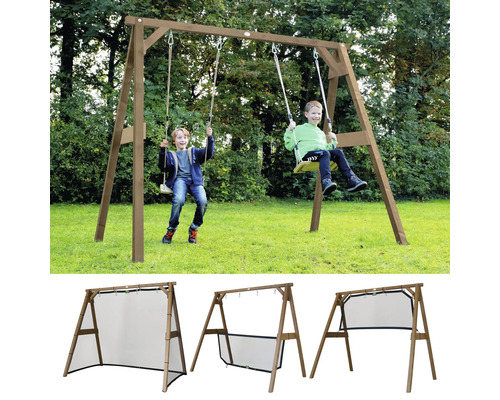 Balançoire de jardin en bois avec deux sièges et filet de jeu ou cage de football intégré.