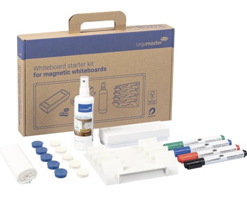 Legamaster Whiteboard Starter Set mit Reinigungspray, Markern, Magneten, Tafelschwamm und Ablageschale in Aufbewahrungskarton