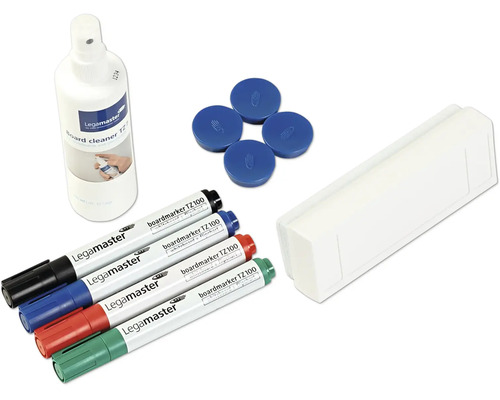Legamaster Whiteboard Zubehör Set mit Boardreiniger, 4 Boardmarkern, 4 Magneten und einem Whiteboard-Schwamm zur Tafelreinigung