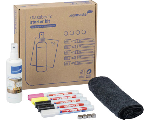 Legamaster Glassboard Starter Set inklusive Reinigungsspray, fünf Edding Glasmarkern, vier Magneten und einem Mikrofasertuch.