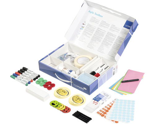 Legamaster Agile Toolbox mit Moderationsmaterial, Markern, Klebeband und Organisationszubehör zur Gestaltung von agilen Arbeitsprozessen.