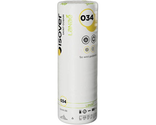 Un rouleau d isolant Isover Lanae 034 pour l isolation thermique avec logo Saint Gobain et divers labels environnementaux.