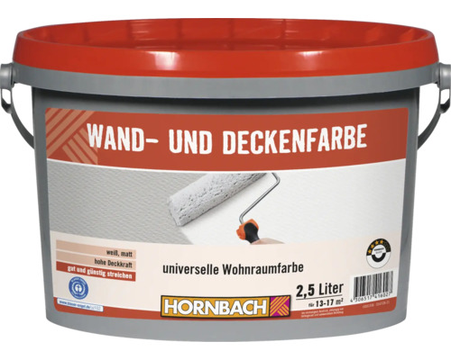 Un seau de peinture murale et plafonds Hornbach de 2,5 litres pour usage intérieur, blanc mat.