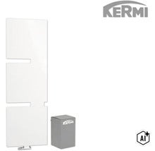 Radiateur design vertical Kermi avec façade lisse et logo Kermi (Image AI modified or generated)