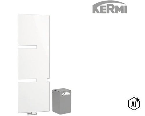 Radiateur design vertical Kermi avec façade lisse et logo Kermi (Image AI modified or generated)
