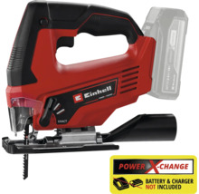 Einhell Akku Stichsäge mit eingesetztem Akku und Power X Change Logo Hinweis dass Akku und Ladegerät nicht enthalten sind