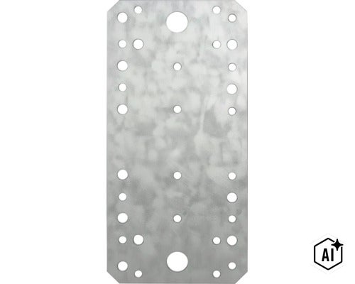 Rechteckiger Lochplattenverbinder aus verzinktem Stahl mit zahlreichen Befestigungslöchern für Holzverbindungen (Image AI modified or generated)