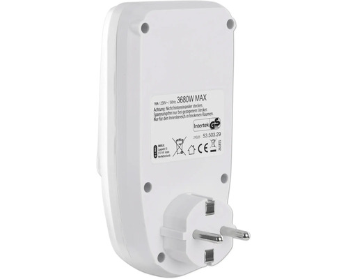 Adaptateur prise avec fiche de contact de protection et plaque signalétique, pour usage intérieur, puissance maximale 3680 watts.