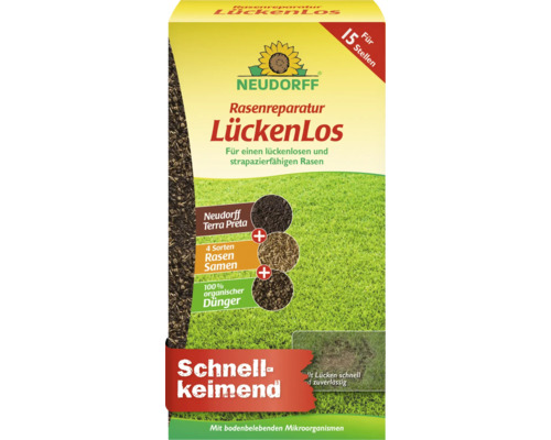 Réparation de gazon Neudorff LückenLos pour une pelouse résistante avec terreau Terra Preta, graines et engrais organique