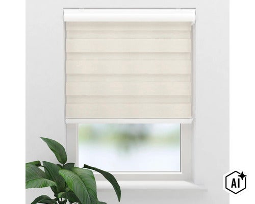 Doppelrollo mit abwechselnd blickdichten und transparenten Streifen vor einem Fenster mit einer Zimmerpflanze im Vordergrund (Image AI modified or generated)