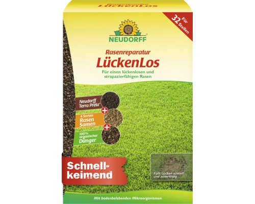 Reconstituant pour pelouse Neudorff LueckenLos pour un gazon resistant avec Terra Preta, graines de gazon et engrais pour trente deux endroits.