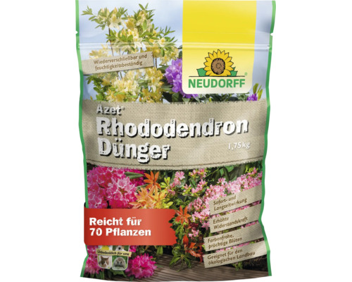Engrais pour rhododendrons Neudorff Azet 1,75 kg dans un sac refermable avec des informations sur l'action immédiate et durable pour 70 plantes.