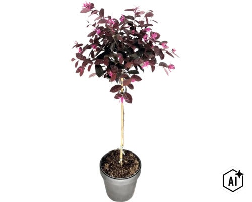 Loropetalum chinense als Hochstamm im Topf mit dunklen Blättern und rosa Blüten. (Image AI modified or generated)