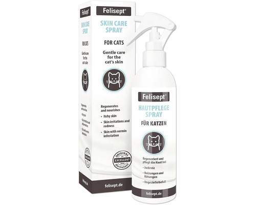 Felisept Hautpflegespray für Katzen in einer Sprühflasche mit Umverpackung zur Pflege bei Juckreiz, Reizungen und Ungezieferbefall.