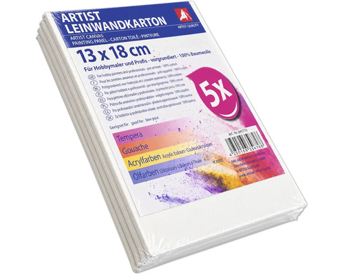 Lot de cinq cartons entoilés en coton préapprêtés pour artistes au format 13 x 18 cm
