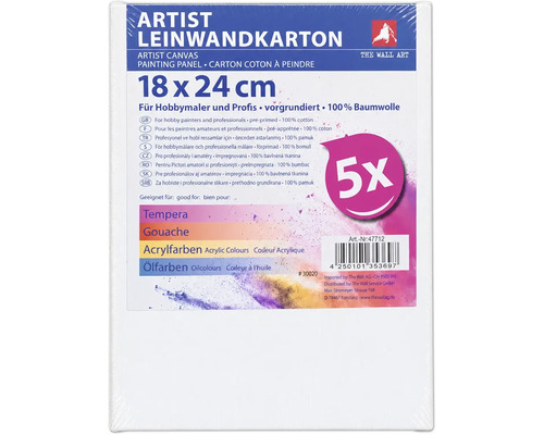 Cinq panneaux entoilés pour artistes 18 par 24 centimètres préapprêtés en coton pour peinture tempera gouache acrylique et huile