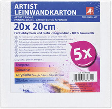 Lot de cinq panneaux entoilés en coton préapprêtés au format 20 par 20 centimètres pour tempera, gouache, peinture acrylique et peinture à l'huile.