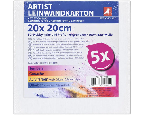 Lot de cinq panneaux entoilés en coton préapprêtés au format 20 par 20 centimètres pour tempera, gouache, peinture acrylique et peinture à l'huile.