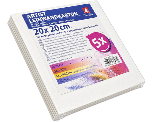 Lot de 5 cartons entoilés de 20 par 20 centimètres en coton apprêté pour peinture gouache acrylique et huile