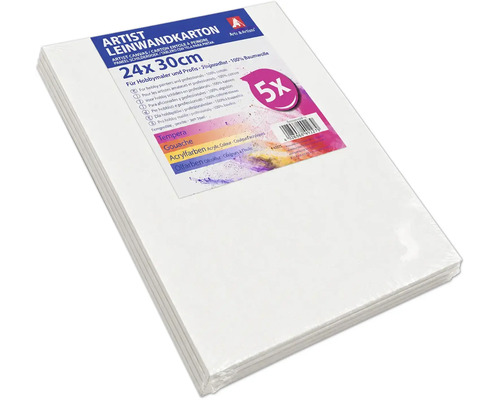 Lot de 5 cartons entoilés pour artistes, 24 par 30 centimètres, en 100 pour cent coton, adapté à la peinture acrylique, huile, gouache et tempera.
