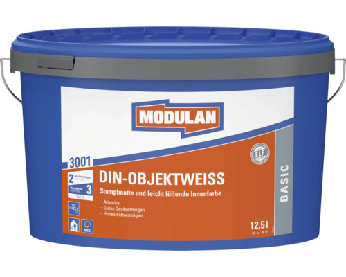 Peinture intérieure Modulan DIN-Objektweiss 12,5 litres en seau pour une bonne opacité et un haut pouvoir garnissant pour les murs intérieurs.