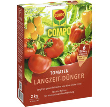 Engrais longue durée pour tomates Compo en emballage de deux kilogrammes avec une efficacité de six mois pour des récoltes optimales.