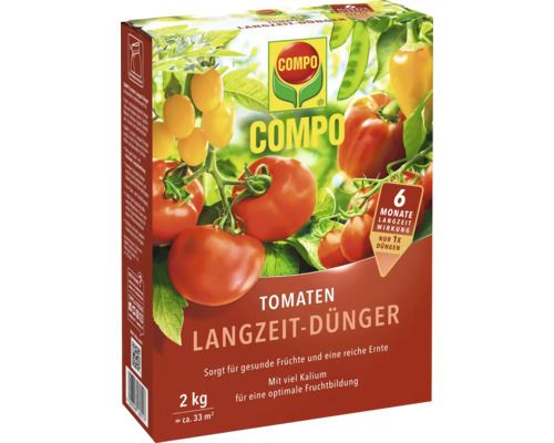 Engrais longue durée pour tomates Compo en emballage de deux kilogrammes avec une efficacité de six mois pour des récoltes optimales.