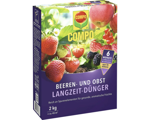 Engrais longue durée pour baies et fruits Compo en paquet de 2 kilogrammes pour la nutrition ciblée des baies et des arbres fruitiers.