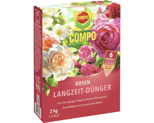Engrais longue durée pour rosiers Compo avec six mois d'action dans un paquet de deux kilogrammes pour rosiers et arbustes à fleurs