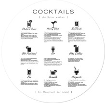 Cocktailrezept-Illustration mit Rezepten für Planter''s Punch, Monkey Gland, Barracuda, Old Fashioned, Kir, John Collins, Fizz, Bramble und Margarita