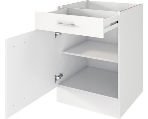 Weißer Unterschrank mit Schublade, offener Tür und zwei Regalen